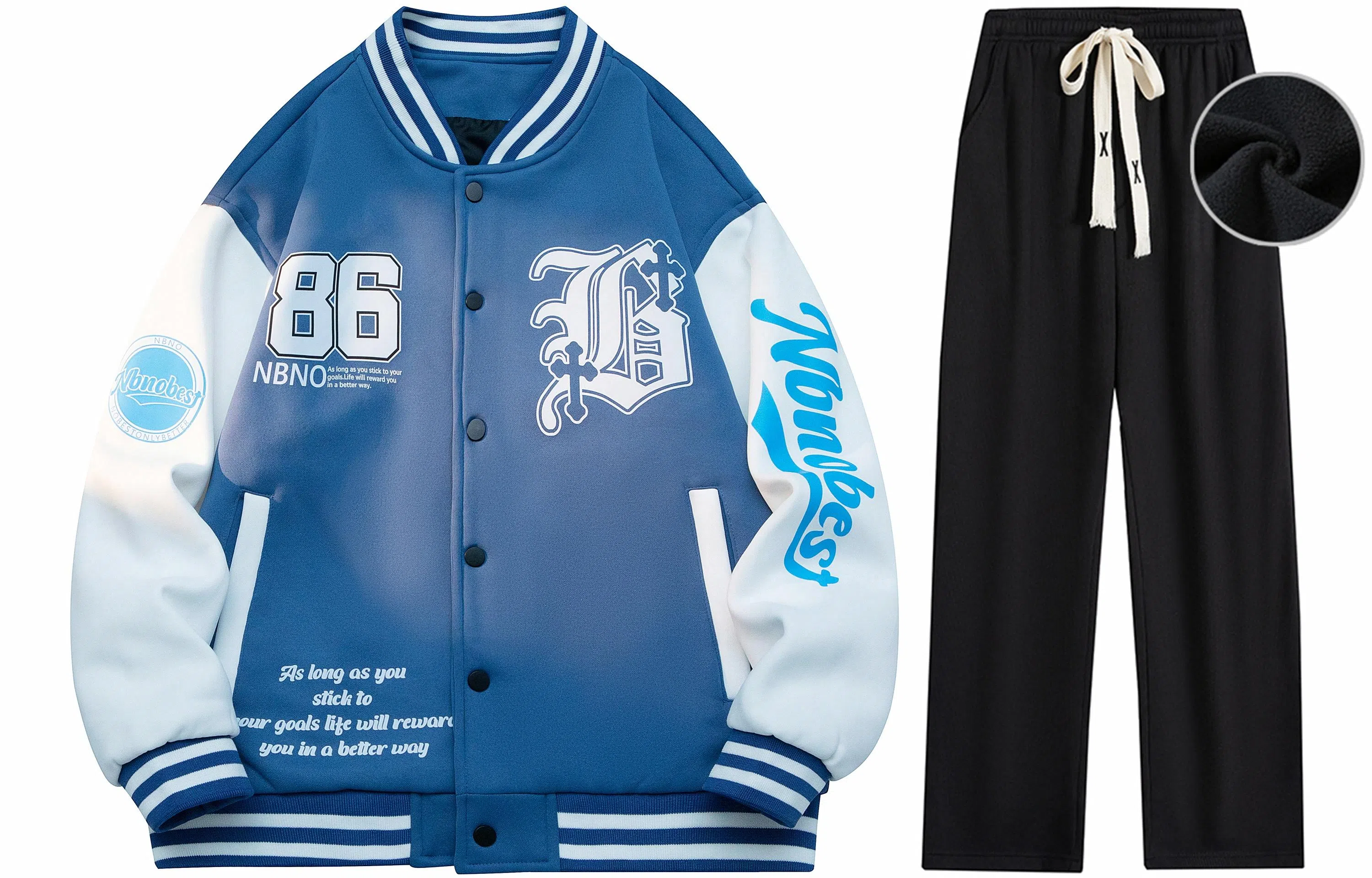 NBNO Retro Letter Logo Baseball Jacket Set