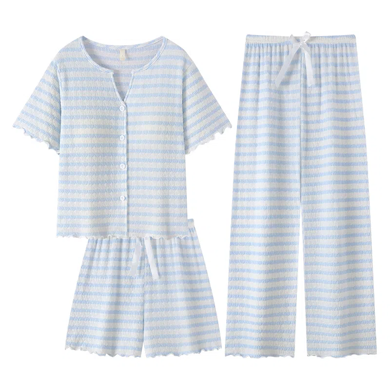 夏芬妍 舒适百搭条纹带胸垫开衫家居服亲肤休闲短袖时尚可外穿睡衣套装 女款 蓝色