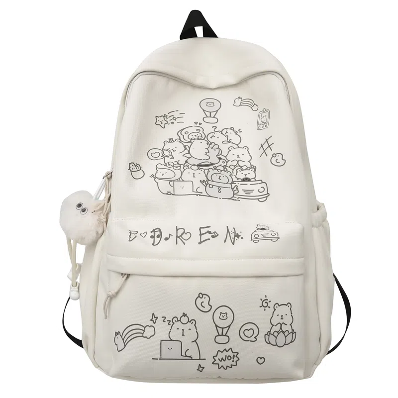 醇龙 可爱涂鸦卡通印花书包轻便休闲小众学生小清新少女背包 尼龙 双肩包 男女同款情侣款 黑色/彩色