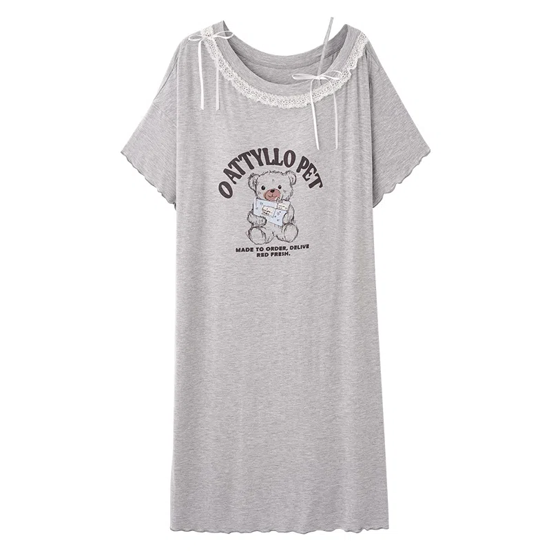 莫代尔 时尚个性简洁韩版休闲舒适轻盈透气带胸垫防凸点短袖睡裙 女款 灰色