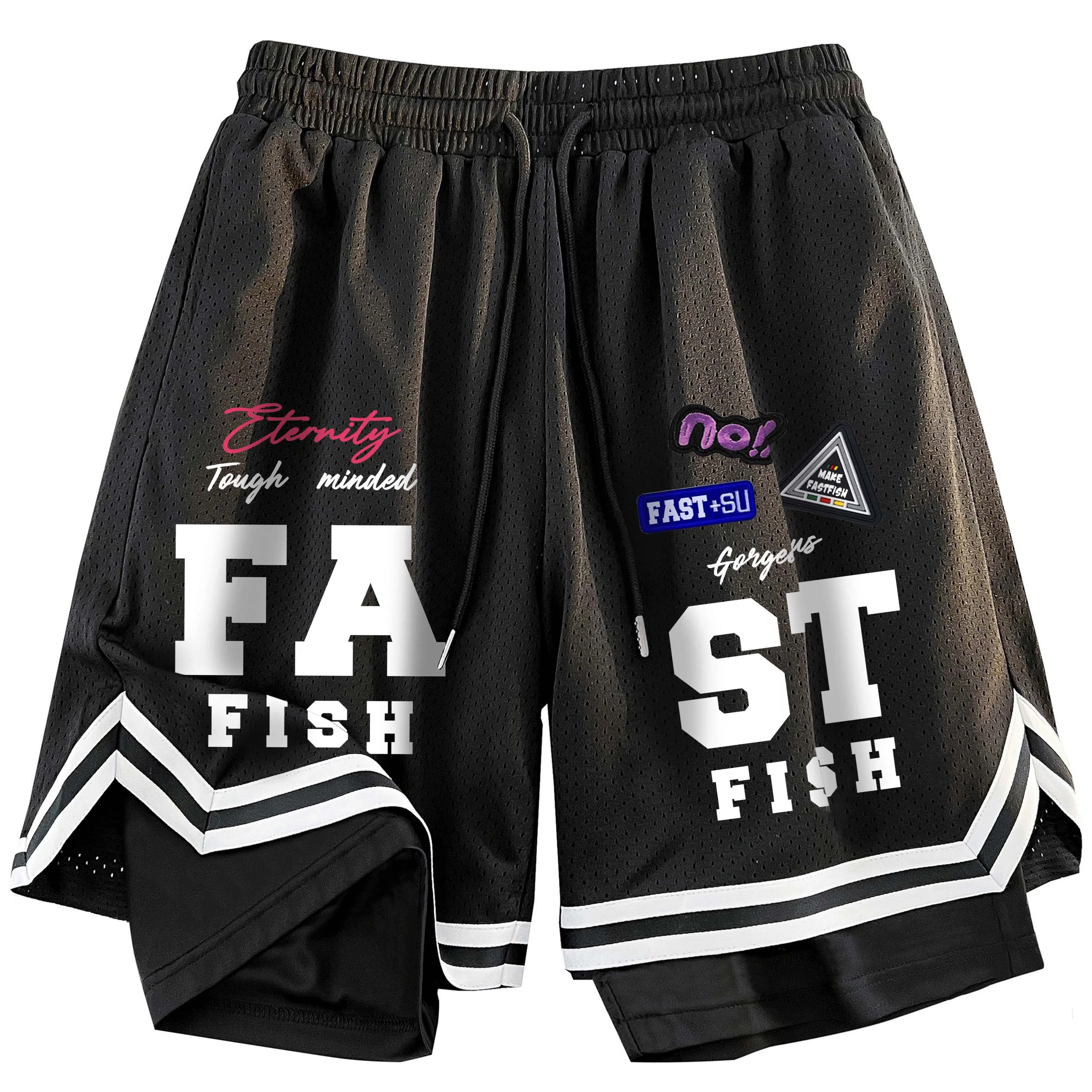 快鱼 美式复古高街潮牌机车风趣味标签名字体手绘印花时尚高级宽松舒适运动户外中腰松紧系带五分休闲短裤 男女同款