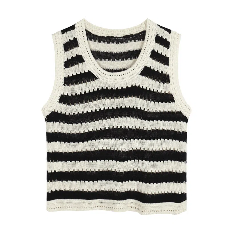 柏黛妃 拼色条纹镂空套头圆领背心 女款 黑色