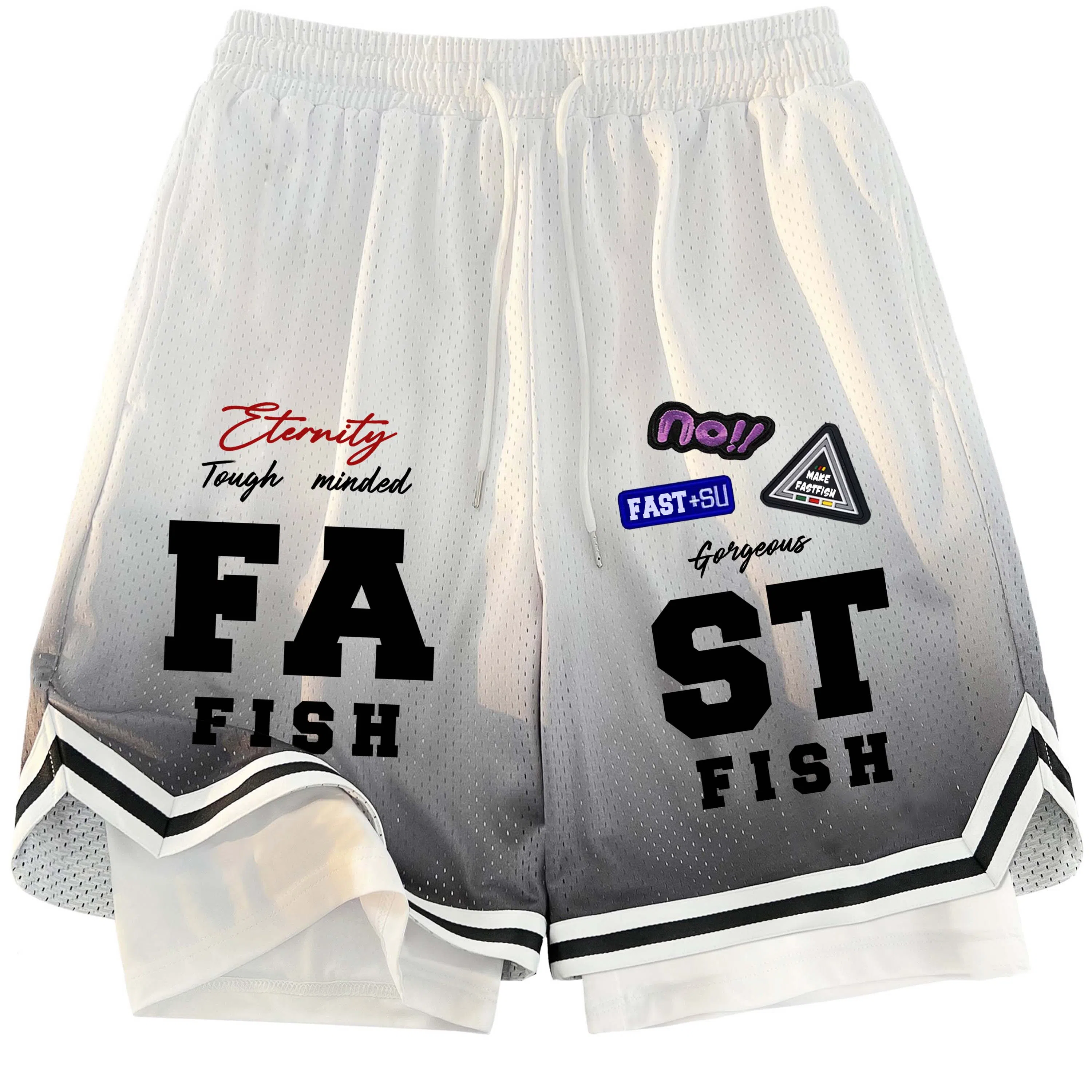 快鱼 美式复古高街潮牌机车风趣味标签名字体手绘印花时尚高级宽松舒适运动户外中腰松紧系带五分休闲短裤 男女同款