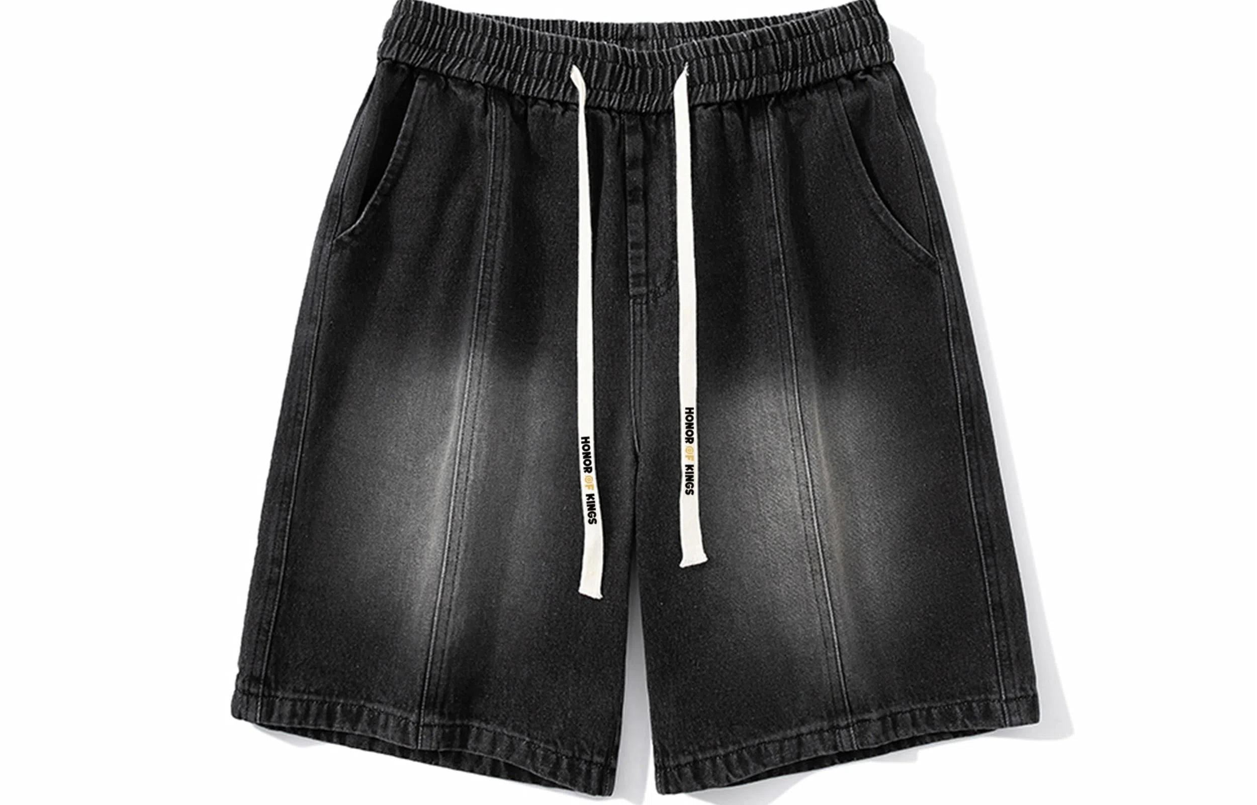 王者荣耀 美式高街潮流水洗直筒裤子大码宽松休闲薄款五分裤拼色系带松紧舒适百搭牛仔短裤 男女同款