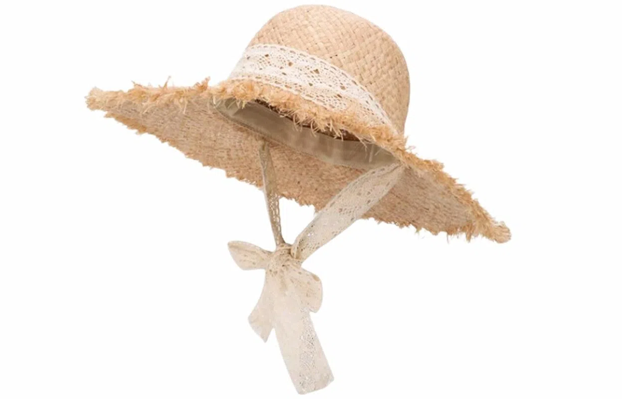 优幽兰 韩系小众设计感拉菲草帽夏季海边度假沙滩出游大檐遮阳显脸小优雅编织蕾丝飘带拍照必备 聚酯纤维 防晒帽 女款