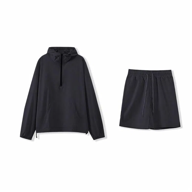 我是大卫 纯色简约半拉链设计连帽套头长袖上衣抽绳直筒短裤休闲运动套装 男女同款