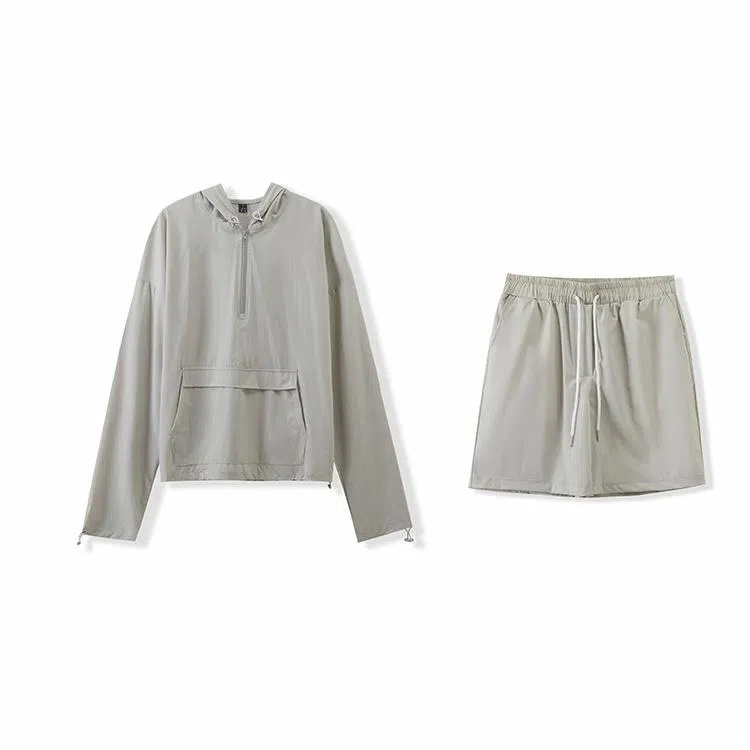 我是大卫 纯色简约半拉链设计连帽套头长袖上衣抽绳直筒短裤休闲运动套装 男女同款