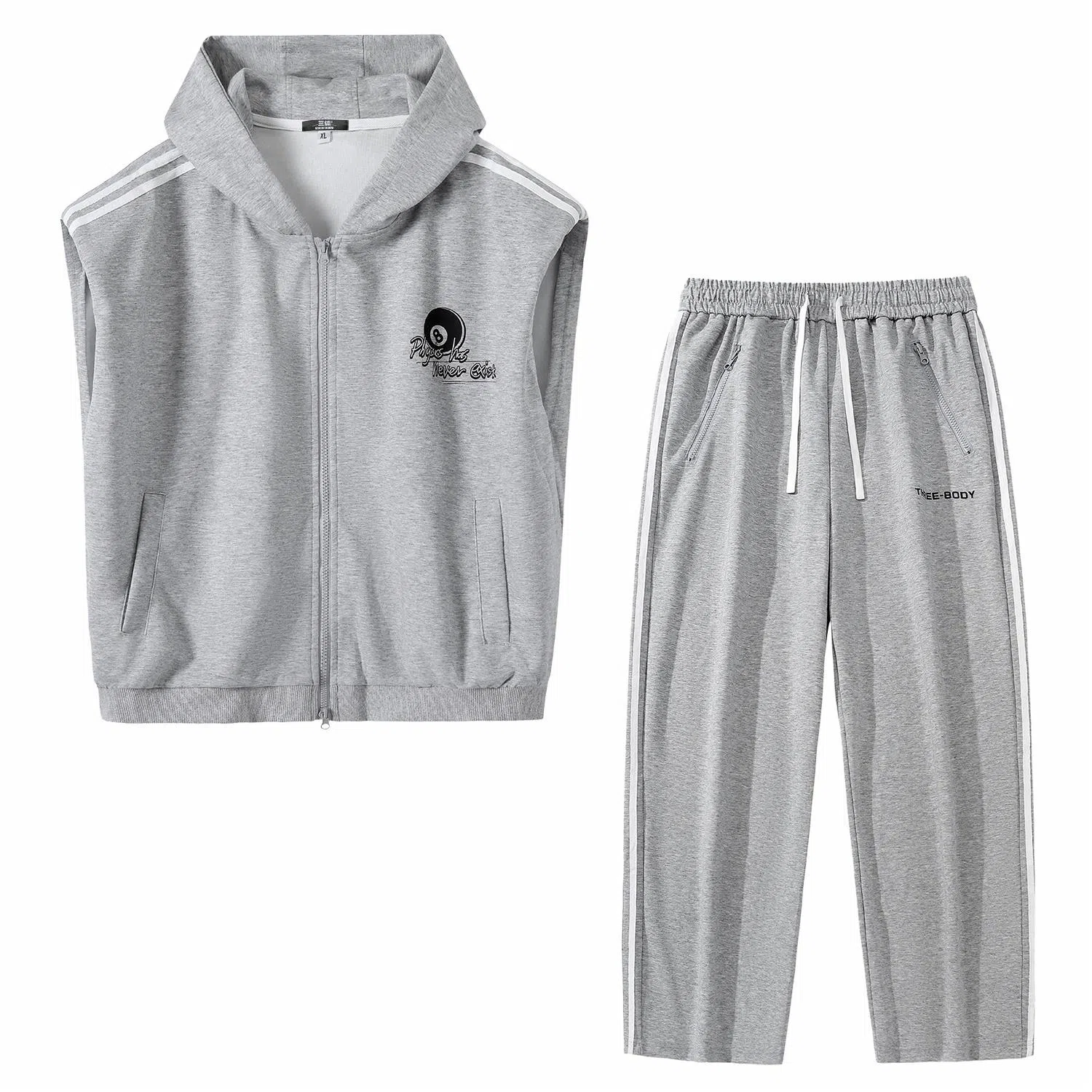 三体 连帽无袖字母印花卫衣时尚百搭直筒裤美式复古高街潮牌无性别穿搭新款舒适男士透气休闲运动套装 男女同款