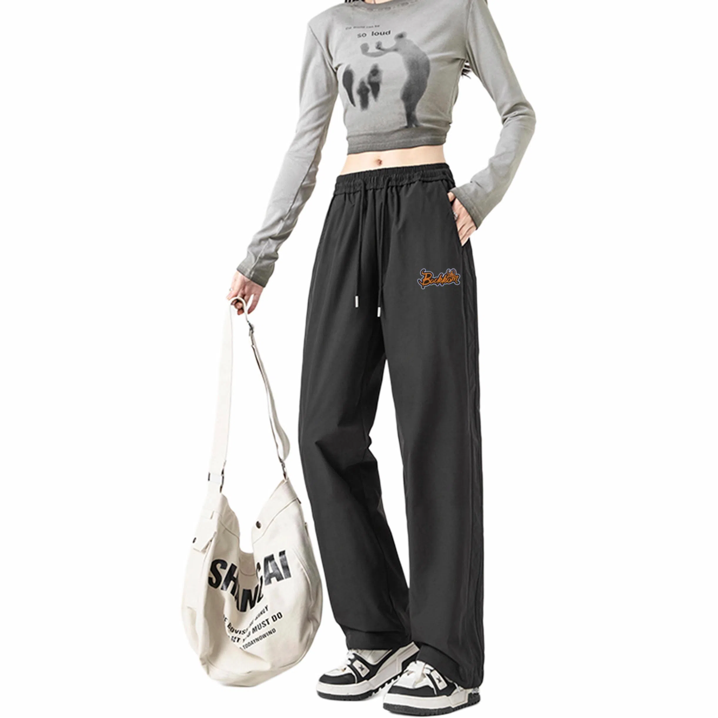 大卫贝肯 美式复古创意设计图案印花宽松百搭休闲裤 男女同款