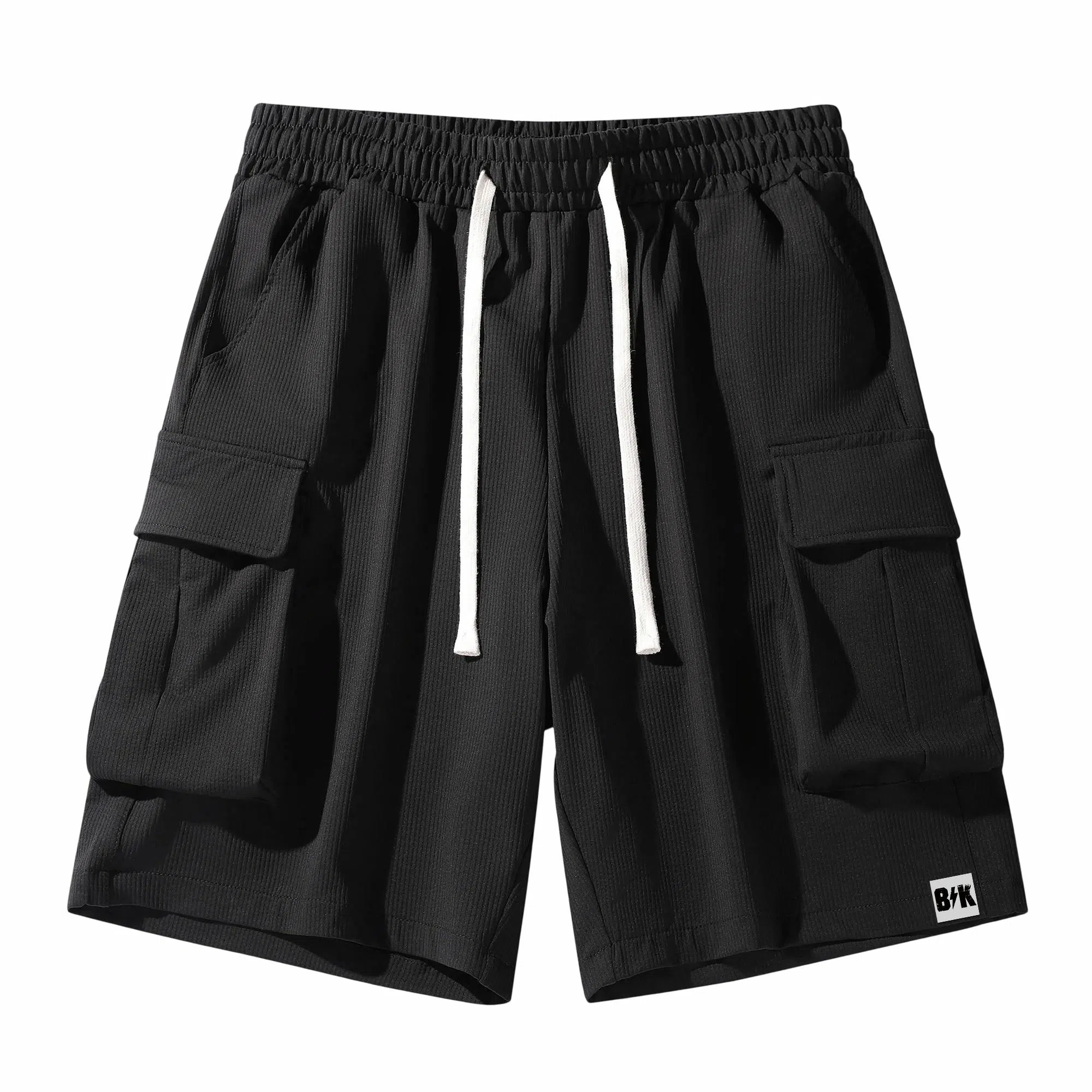 大卫贝肯 美式复古基础款纯色宽松大口袋系带直筒休闲日常通勤五分针织工装短裤 男女同款