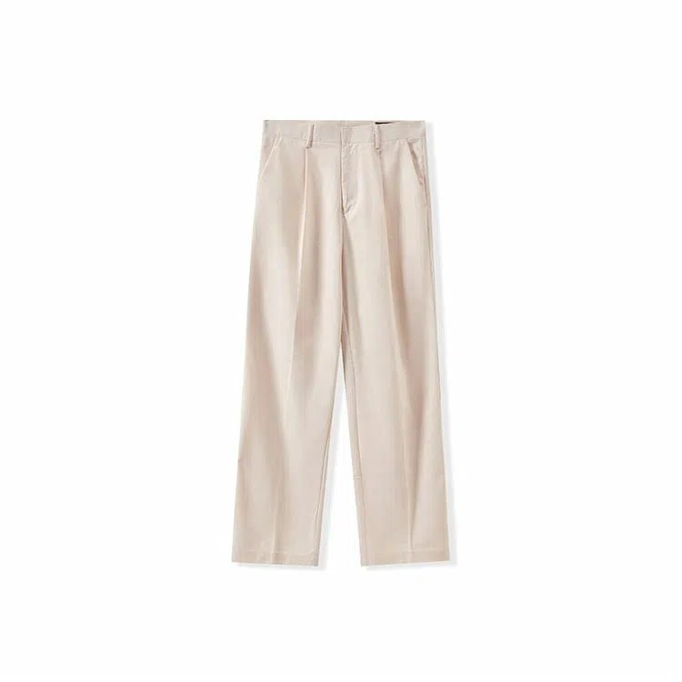 我是大卫 亚麻纯色高腰简约垂感直筒宽松休闲裤 男女同款 深米色