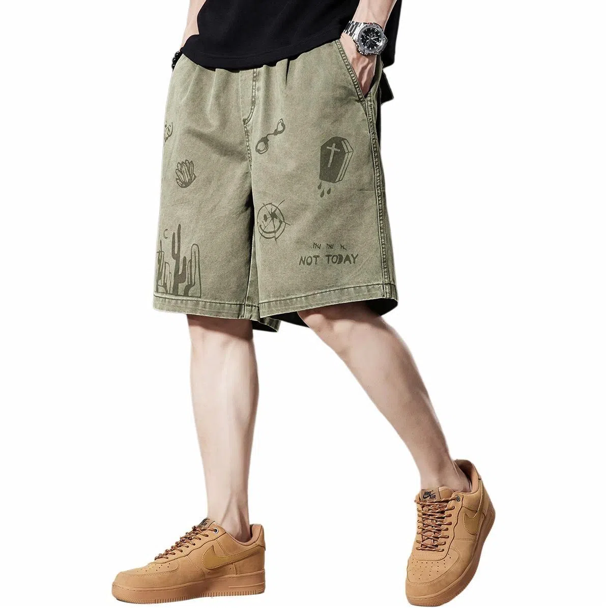 贵色 时尚都市系列日系复古涂鸦户外休闲大码重磅水洗薄款透气五分牛仔短裤 男女同款