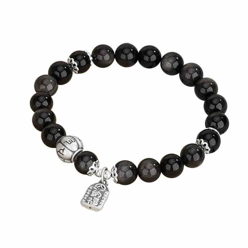 金戟 六字真言系列 新中式国潮复古风 转运珠路路通招财福牌好运天然 黑曜石 手串 男女同款情侣款