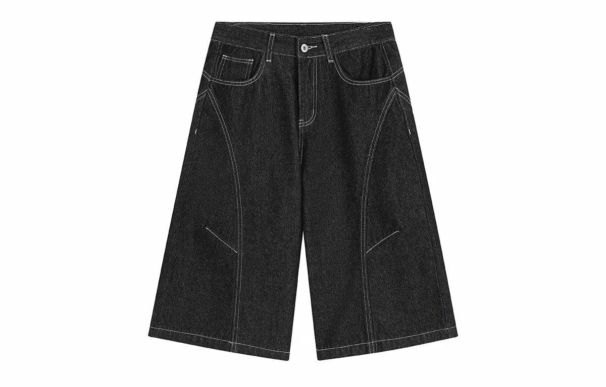 冰飞 美式复古高级感解构线条拼接简约基础款宽松休闲舒适七分潮牌潮流高街小众牛仔短裤 男女同款 原牛黑