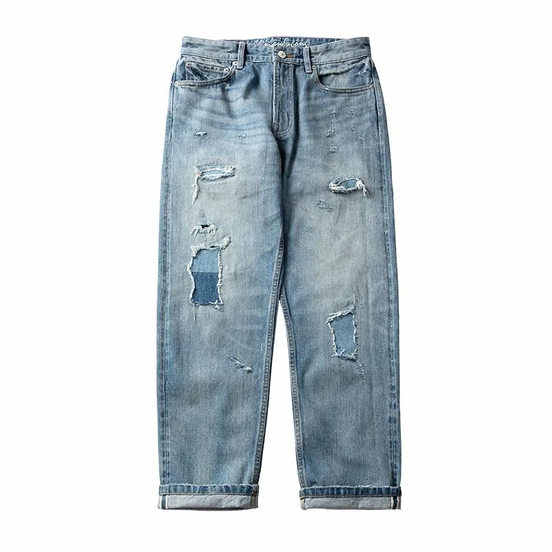 实年服工 水洗磨破补丁赤耳红边宽松直筒长裤牛仔裤 男款 浅蓝