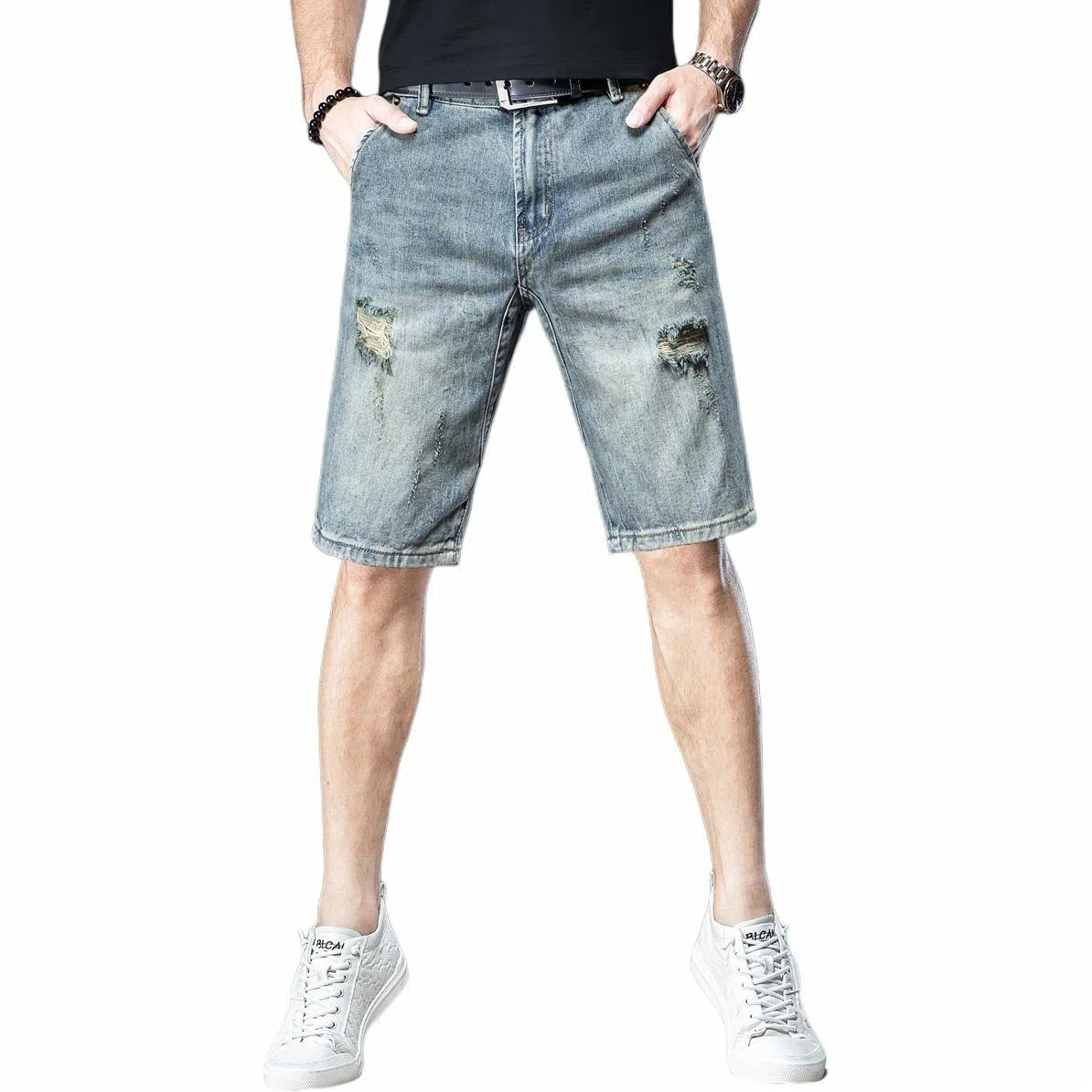 贵色 夏季 宽松潮流薄款穿搭五分裤休闲中裤复古乞丐破洞牛仔短裤 男女同款