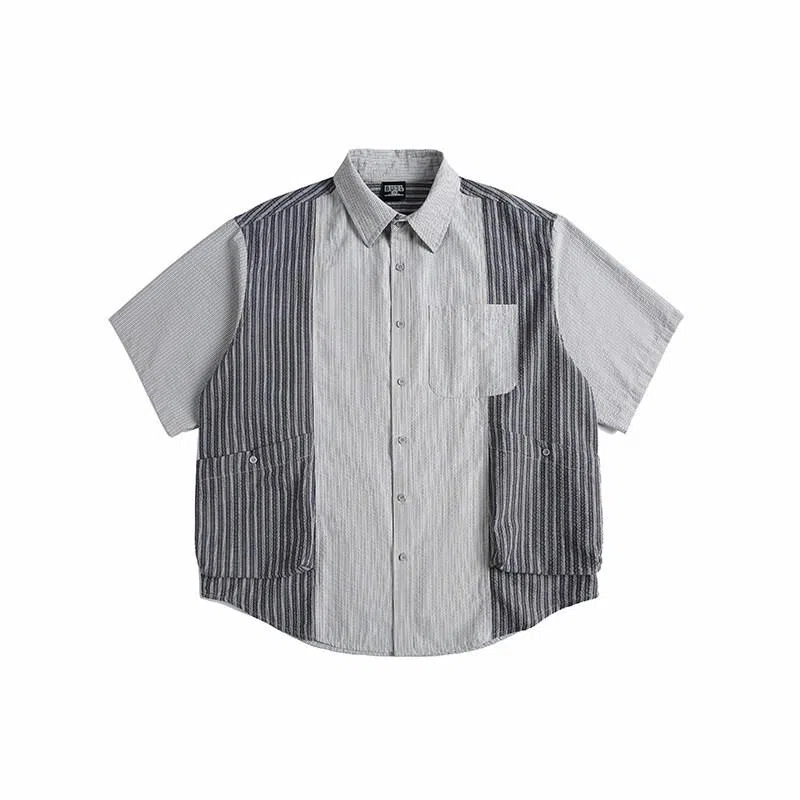 【dme】 复古撞色拼接条纹多口袋宽松休闲百搭短袖衬衫 男女同款