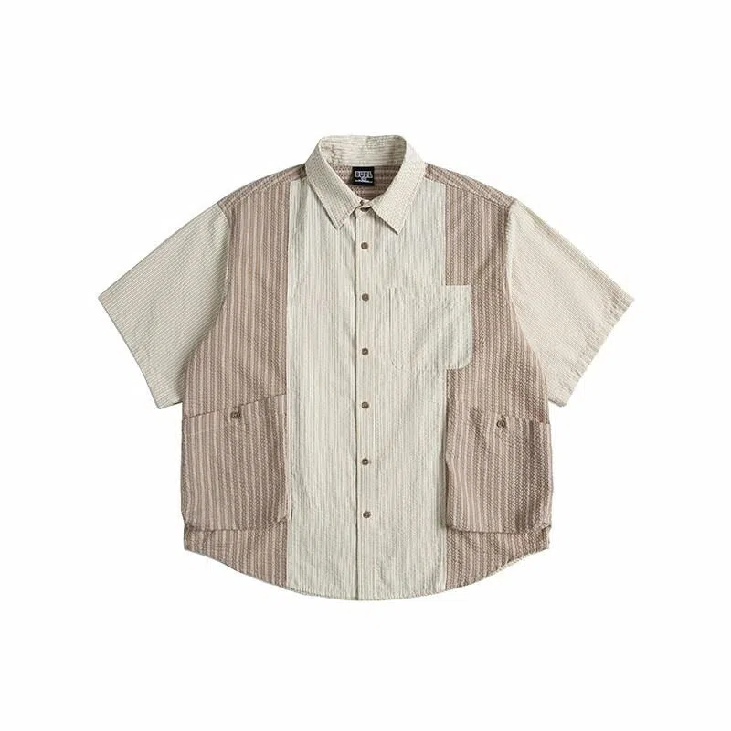 【dme】 复古撞色拼接条纹多口袋宽松休闲百搭短袖衬衫 男女同款