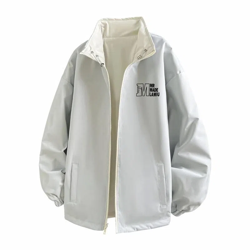 兰缪 美式高街风复古纯色基础款字母日常百搭通勤户外运动休闲宽松圆领无性别主义长袖夹克外套 男女同款