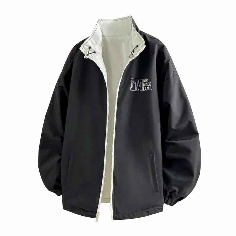 兰缪 美式高街风复古纯色基础款字母日常百搭通勤户外运动休闲宽松圆领无性别主义长袖夹克外套 男女同款