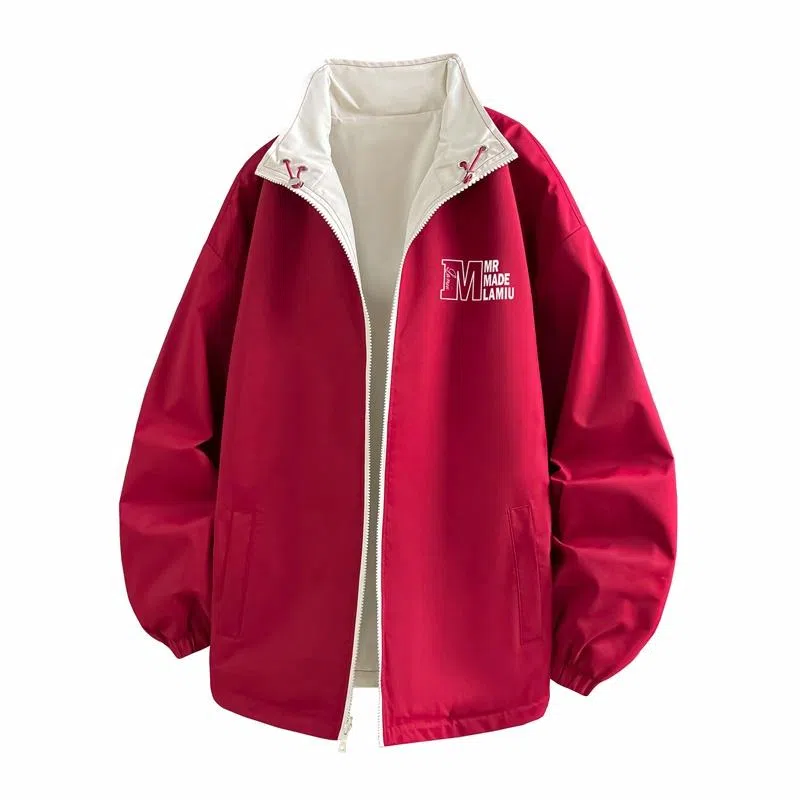 兰缪 美式高街风复古纯色基础款字母日常百搭通勤户外运动休闲宽松圆领无性别主义长袖夹克外套 男女同款