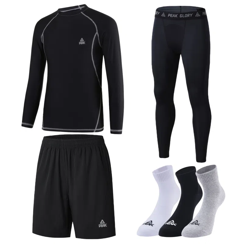 匹克 纯色运动圆领套头速干透气长袖长裤短裤袜子四件套健身套装 男款