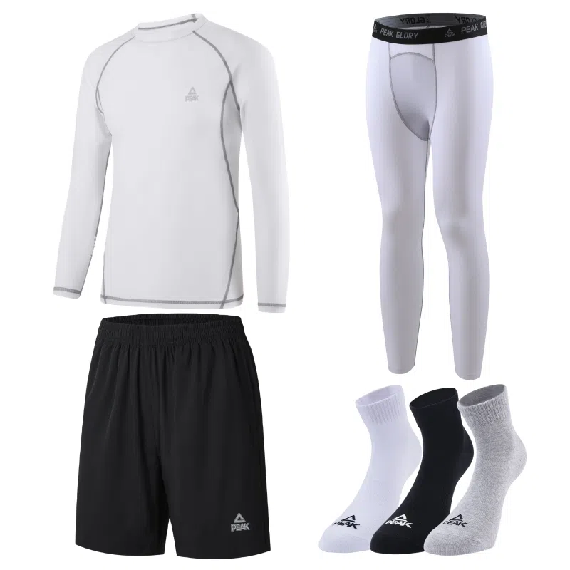 匹克 纯色运动圆领套头速干透气长袖长裤短裤袜子四件套健身套装 男款