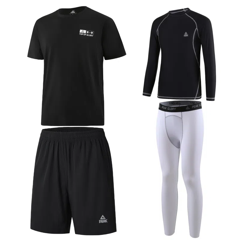 匹克 纯色运动圆领套头速干透气健身套装 男款 四件套