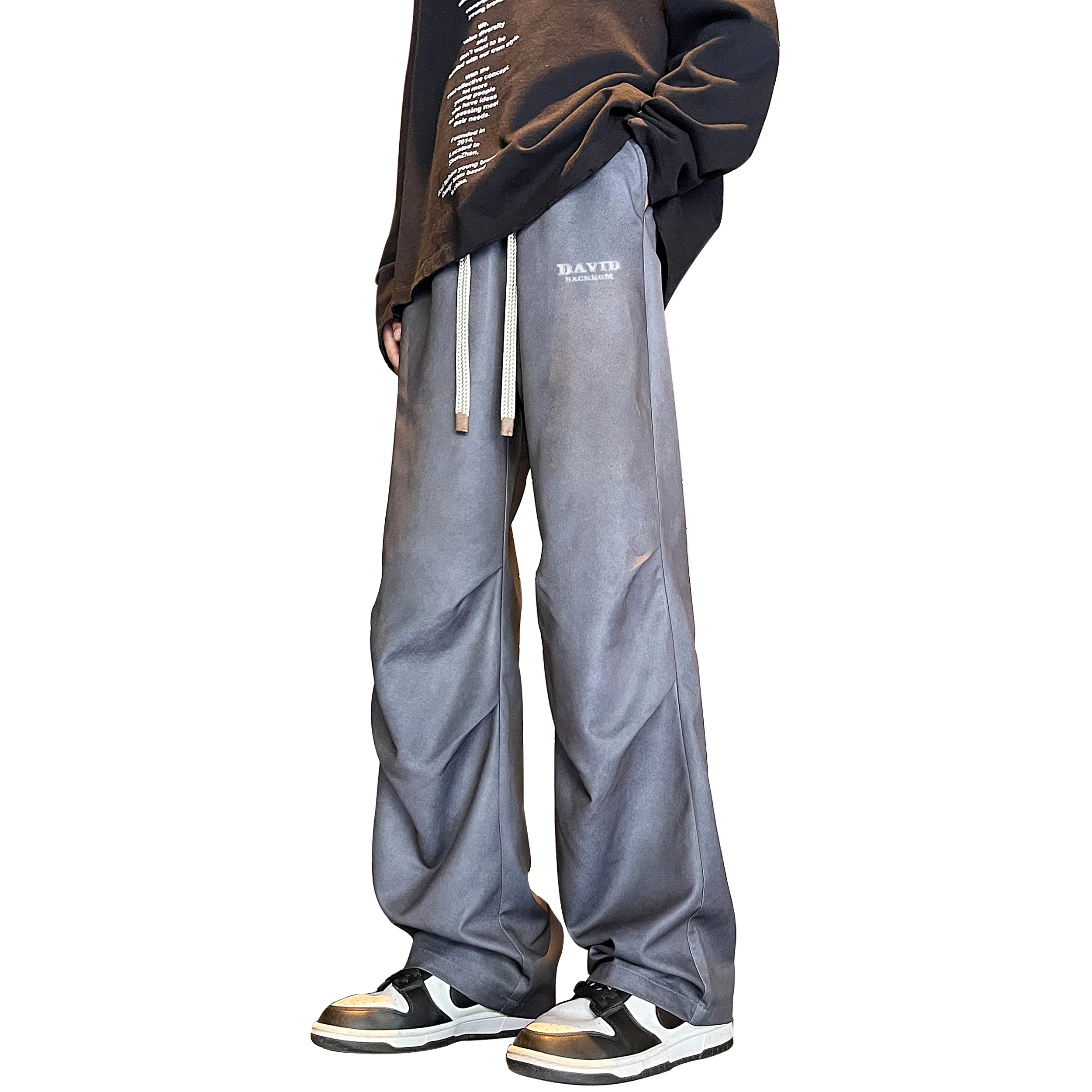 大卫贝肯 美式高街纯色复古做旧字母垂感直筒休闲裤 男女同款