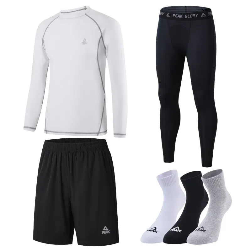 匹克 纯色运动圆领套头速干透气长袖长裤短裤袜子四件套健身套装 男款