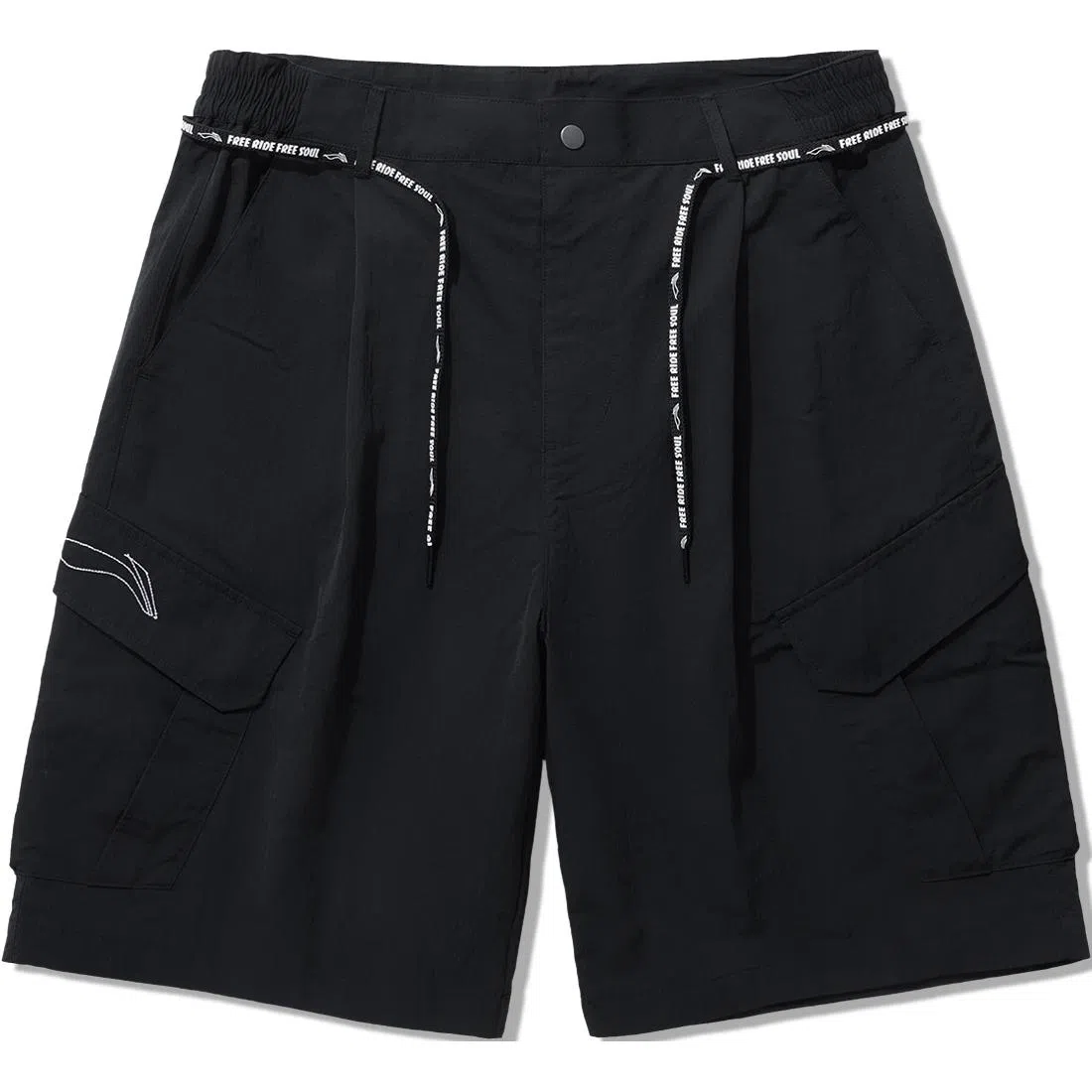 中国李宁 纯色中腰舒适透气百搭宽松直筒休闲短裤 男款 黑色