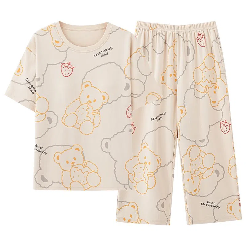 细舍 休闲短袖七分裤带胸垫卡通可爱家居服睡衣套装 女款 杏色