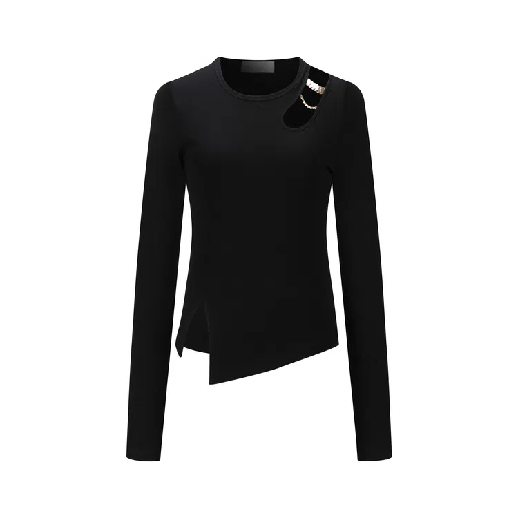 Three Quarters Hollow Hem Split Slim Long Sleeve Tee