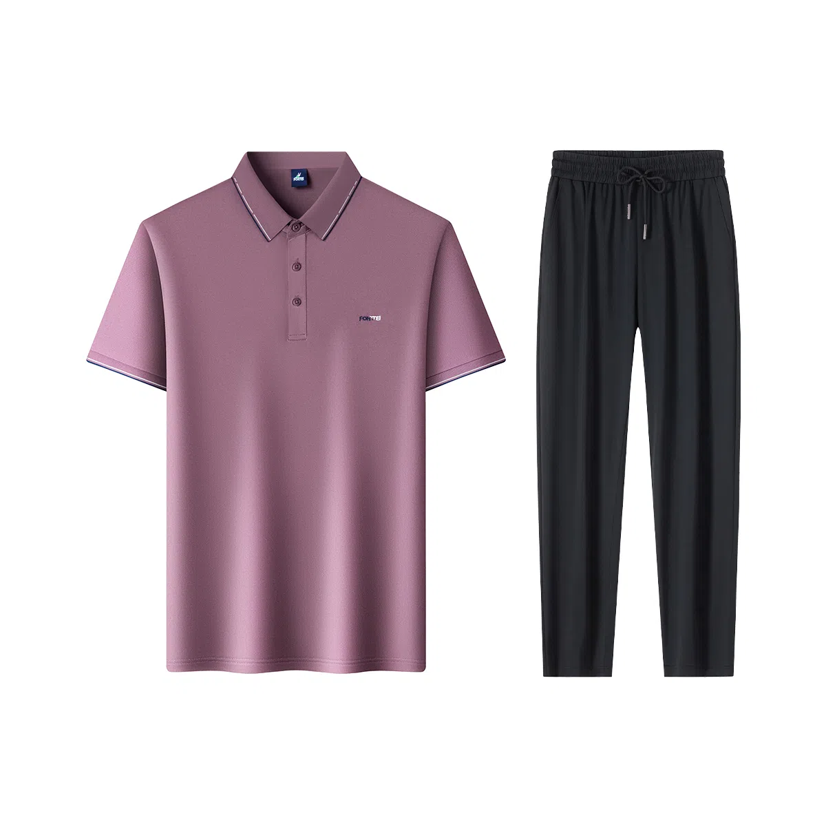 富铤 纯色套头翻领短袖通勤凉爽舒适长裤两件套休闲运动套装 男款