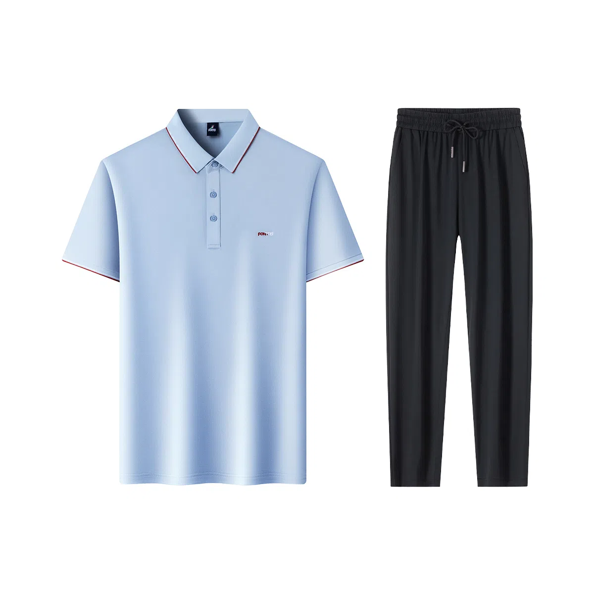 富铤 纯色套头翻领短袖通勤凉爽舒适长裤两件套休闲运动套装 男款
