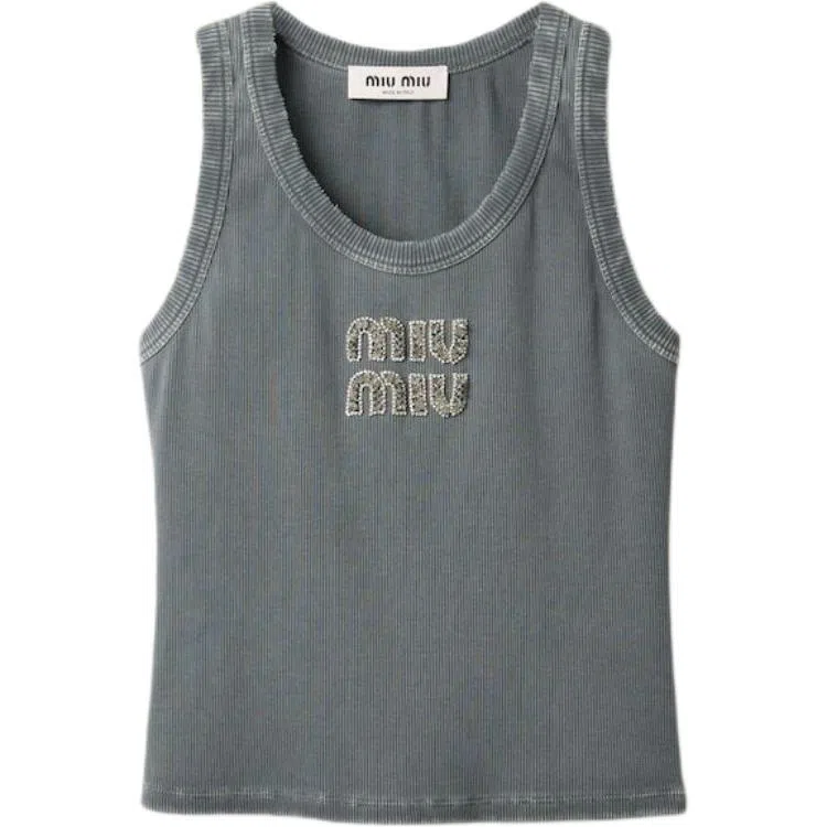 Miu Miu Embroidered Ribbed Knit Vest Gray