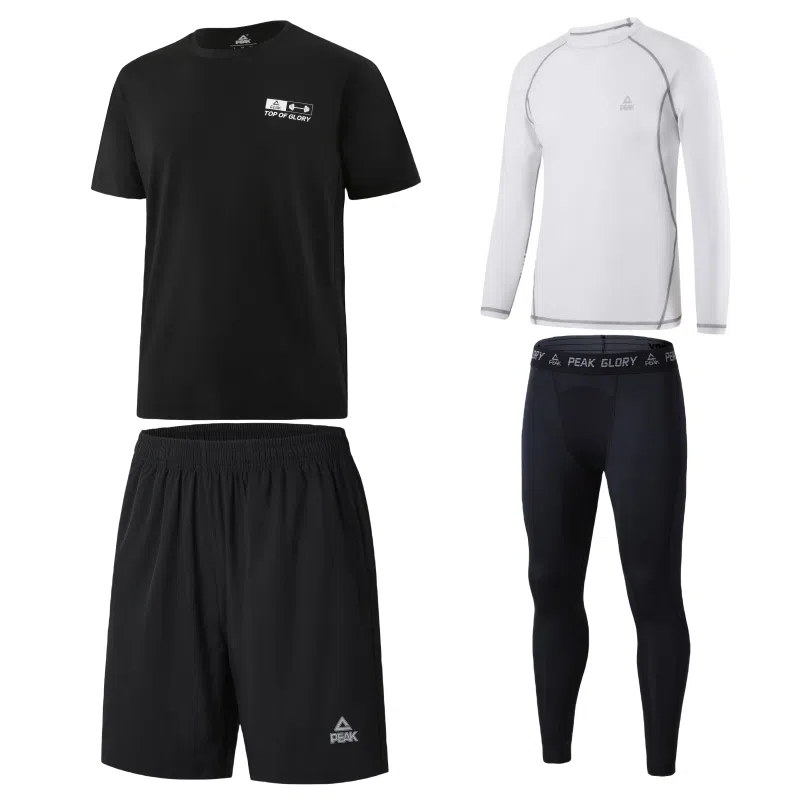 匹克 纯色运动圆领套头速干透气健身套装 男款 四件套