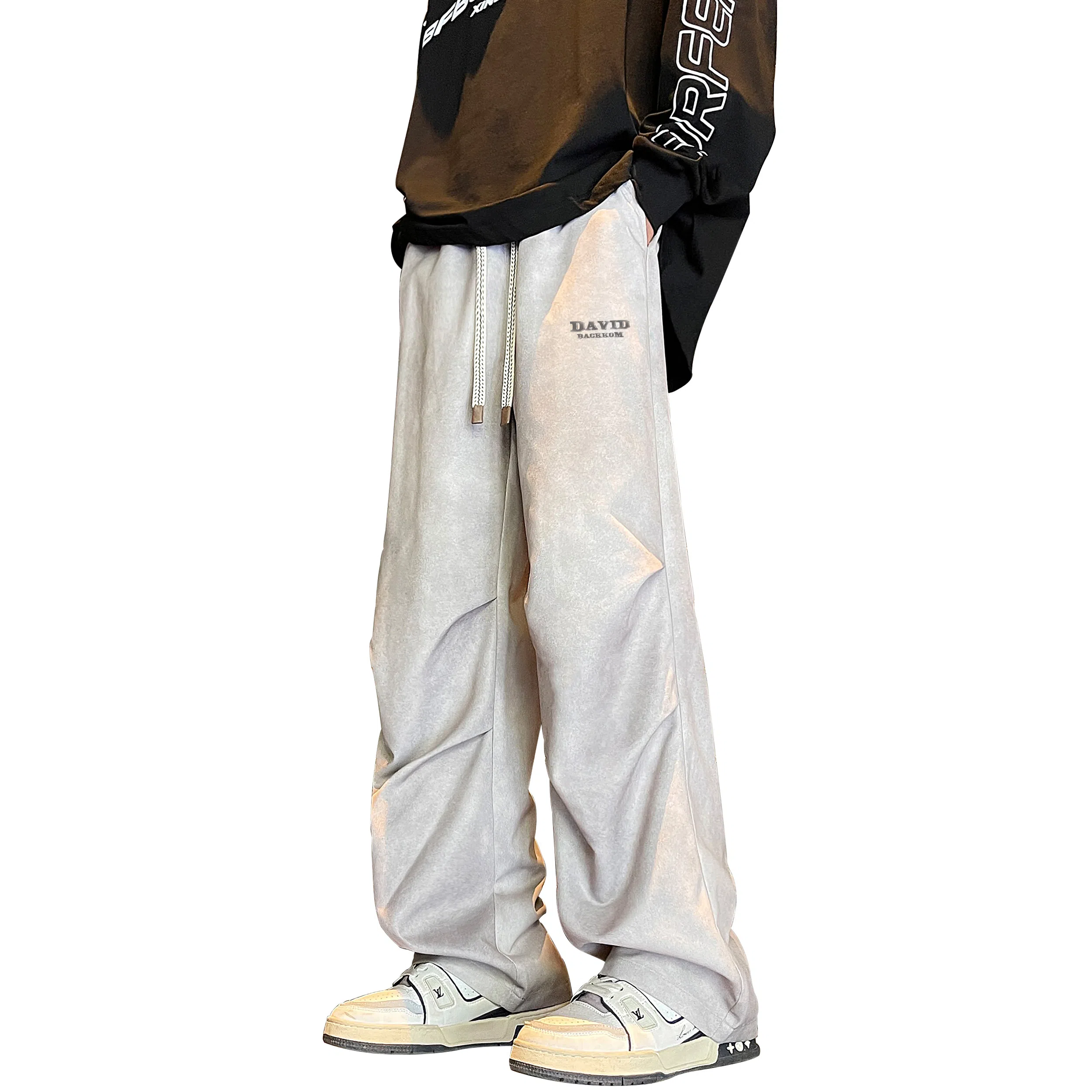 大卫贝肯 美式高街纯色复古做旧字母垂感直筒休闲裤 男女同款