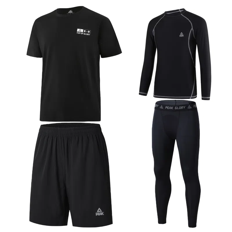 匹克 纯色运动圆领套头速干透气健身套装 男款 四件套