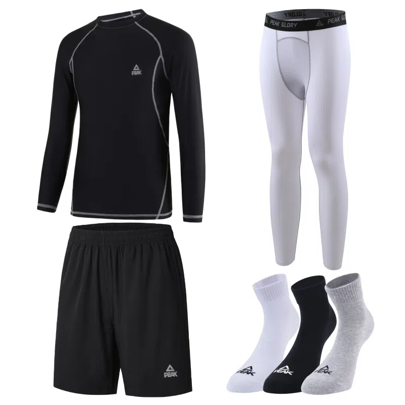 匹克 纯色运动圆领套头速干透气长袖长裤短裤袜子四件套健身套装 男款