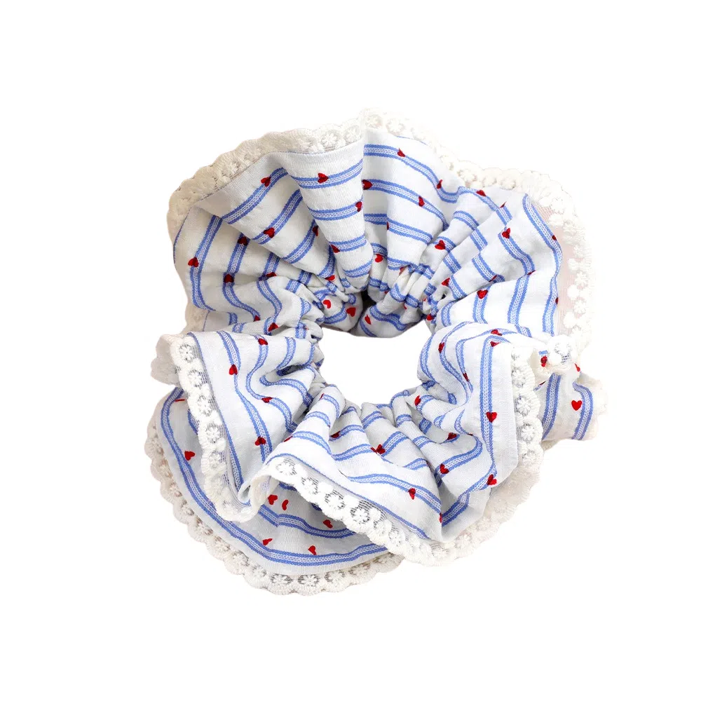 彤彤兔 赫本风波点爱心大肠圈细条纹双层蕾丝边小蛮腰扎马尾头花发饰 布料 发圈 女款