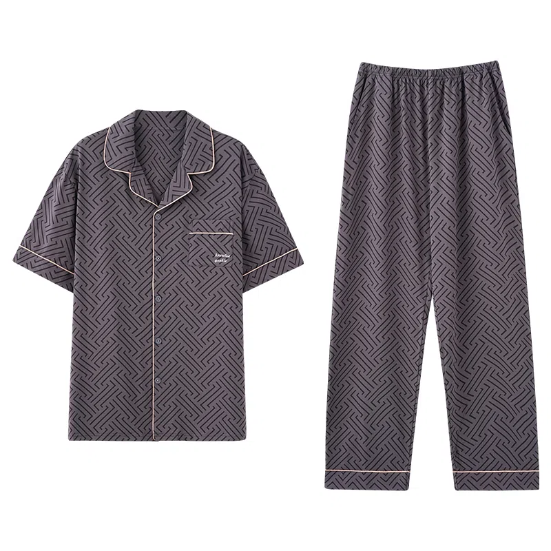 芬腾可安 透气短袖简约细腻亲肤柔软显瘦休闲舒适小众长裤家居服睡衣套装 男款 灰色