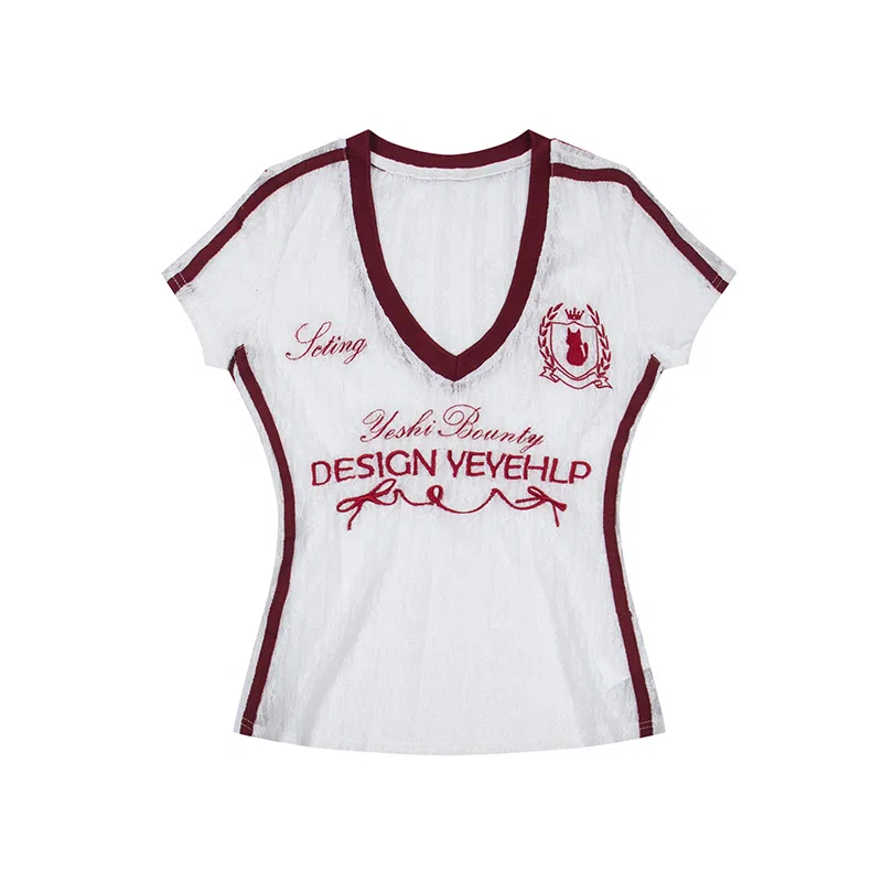 JUFU Colorblock Lace V-Neck Tee