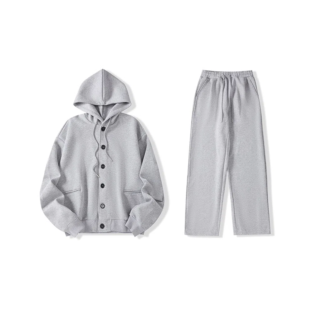 我是大卫 纯色韩版系扣宽松休闲卫衣套装 男女同款