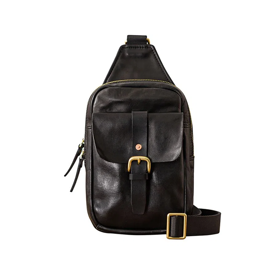 后步 小众复古通勤休闲 植鞣工艺百搭时尚潮牌骑行包 牛皮 胸包 男款 黑色