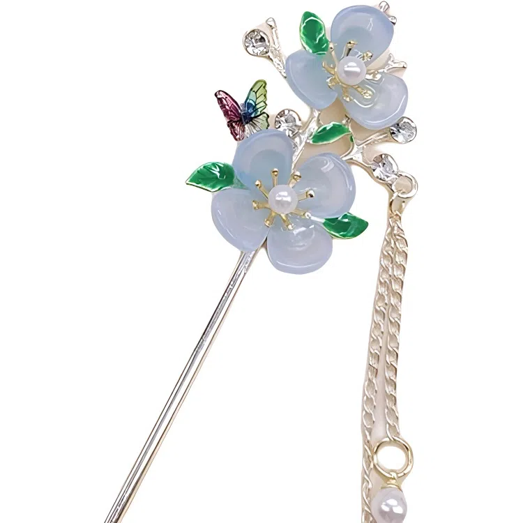 【桃花朵朵开】 指尖瑰宝 简约大气蝴蝶流苏古风簪子现代盘发步摇高级感旗袍汉服带发饰优雅气质 合金 发簪 女款