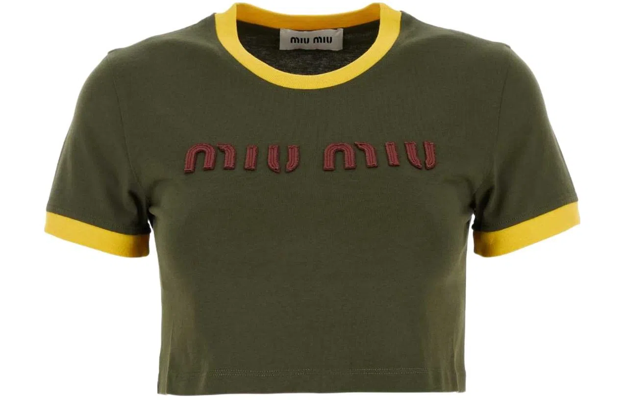 Miu Miu SS24 Logo Embroidered Crop T-Shirt Green