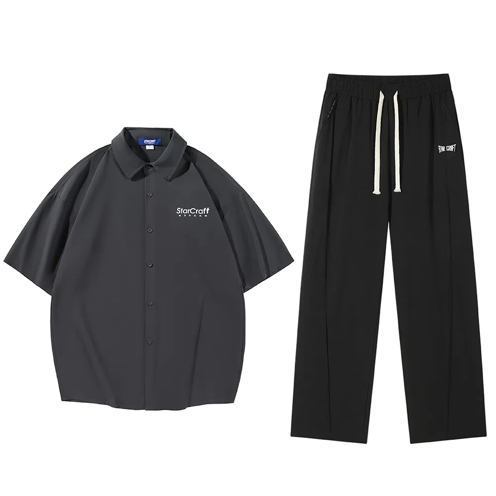 星际者 基础款简约纯色五分袖衬衫休闲宽松直筒垂感长裤衬衫套装 男女同款