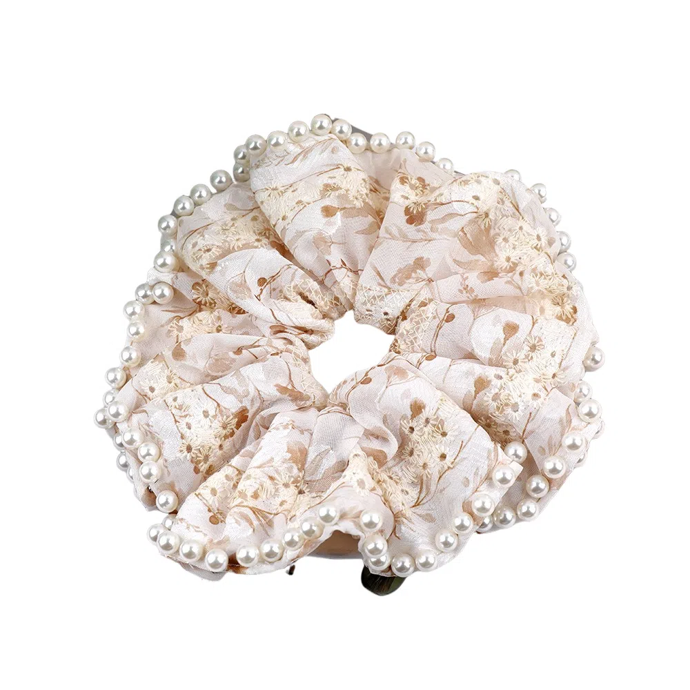 彤彤兔 高亮珍珠边刺绣花朵大肠田园风高级感气质丸子头发饰 蕾丝 发圈 女款
