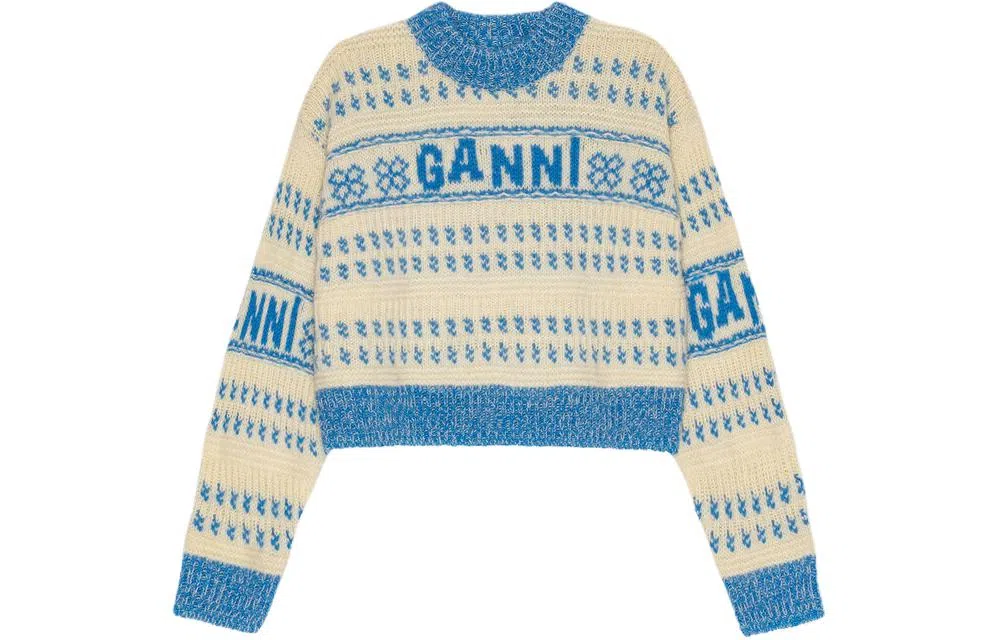 GANNI LAMBSWOOL CROPPED O-NECK PULLOVER STRONG BLUE